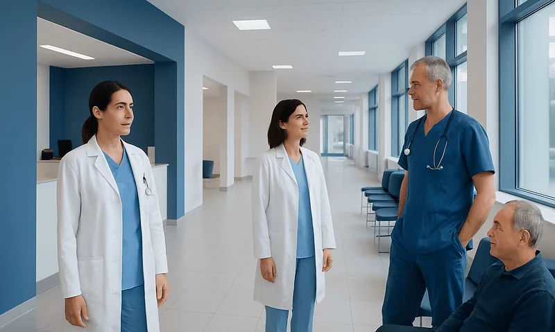 Medical team discussing patient care in a modern hospital corridor.