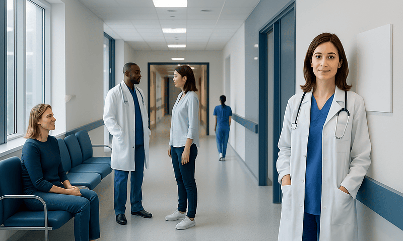 Medical team consulting in hospital corridor with patient and doctor.