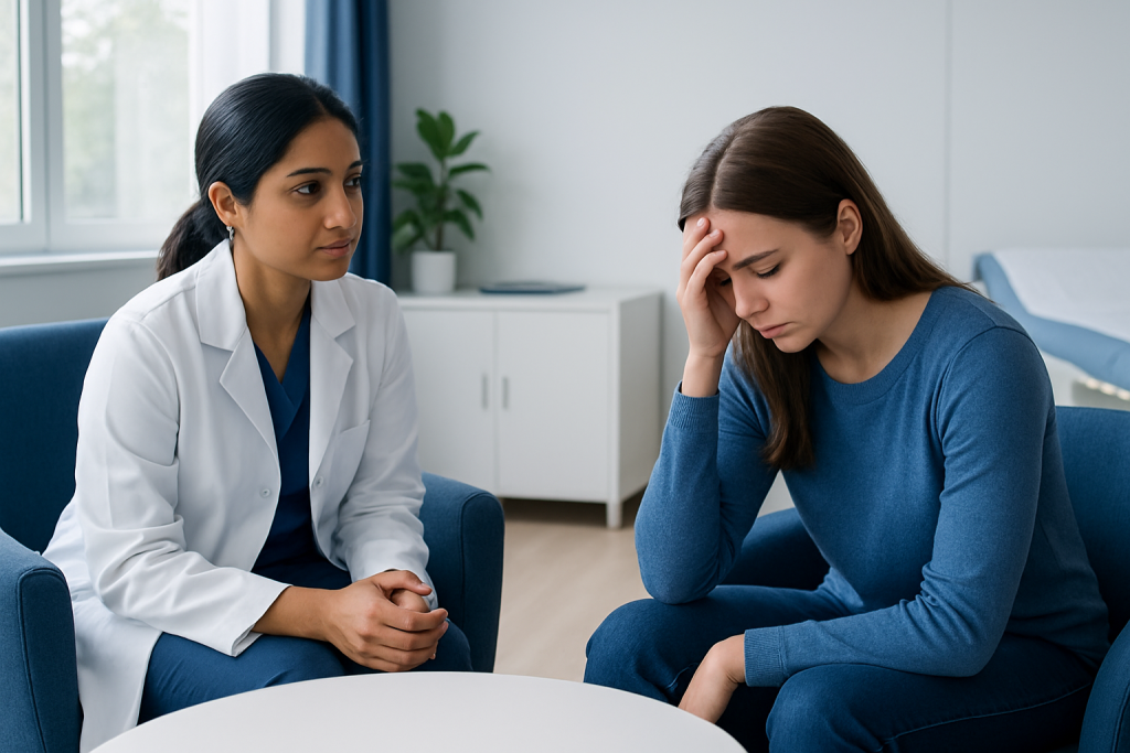 Doctor consulting with a patient experiencing nausea and anxiety.
