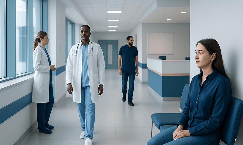 Medical professionals and patient in hospital corridor at Acibadem Hospitals Group.