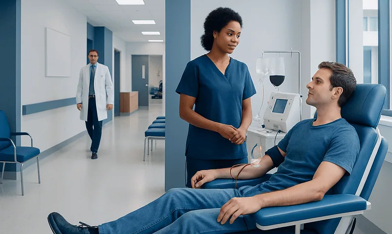 Patient donating blood in a hospital blood donation center.