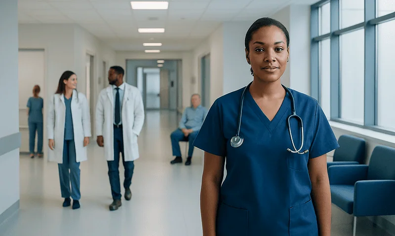 Healthcare professionals in a hospital corridor with a nurse in the foreground.