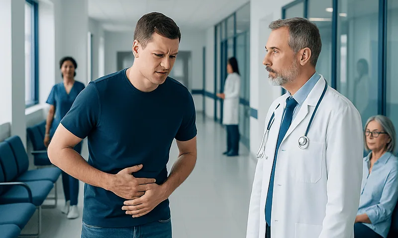 Patient experiencing abdominal pain consulting with a doctor in hospital corridor.