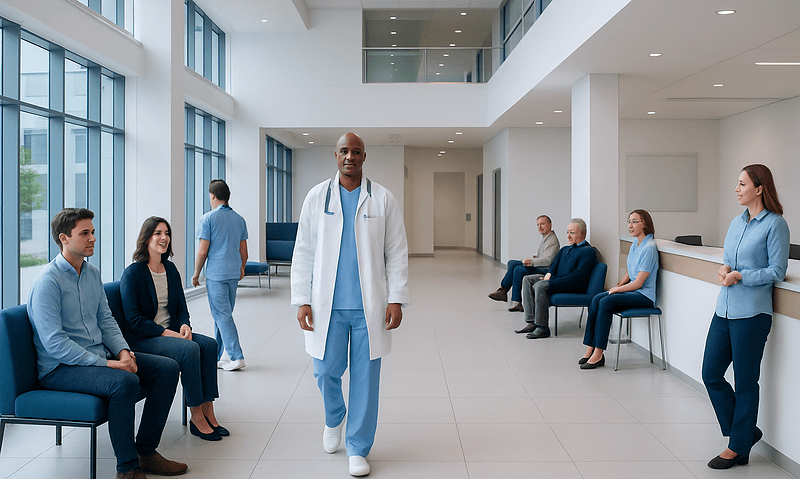 Apple Juice — Explained by Medical Evidence, Not Myths 16 Modern hospital lobby with medical staff and patients in a bright, spacious setting.