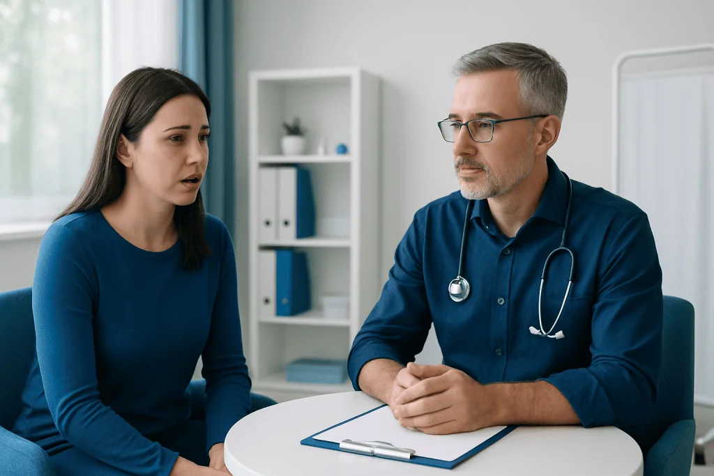Doctor consulting with a female patient in a medical office.