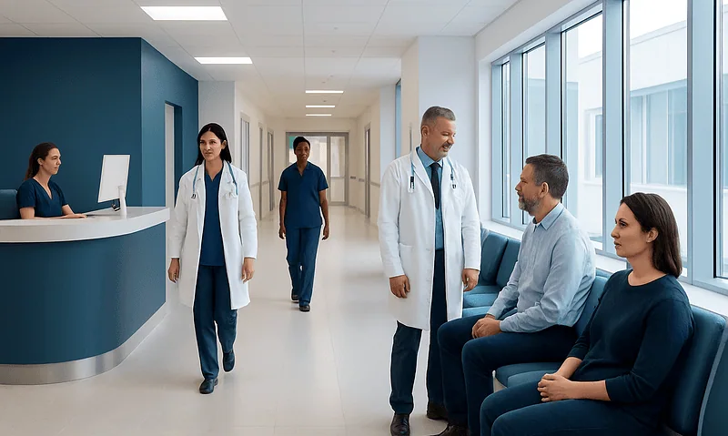 Medical team consulting patient in hospital corridor at Acibadem Hospitals Group.