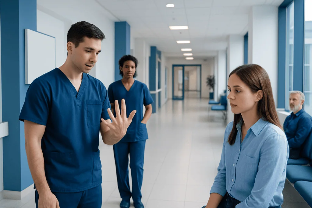 Arachnodactyly — Explained by Medical Evidence, Not Myths 1 Medical professionals discussing patient care in hospital corridor.