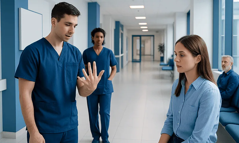 Medical professionals discussing patient care in hospital corridor.