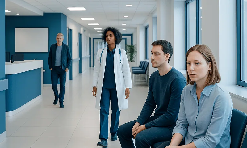 Patients waiting in a hospital corridor with medical staff nearby.