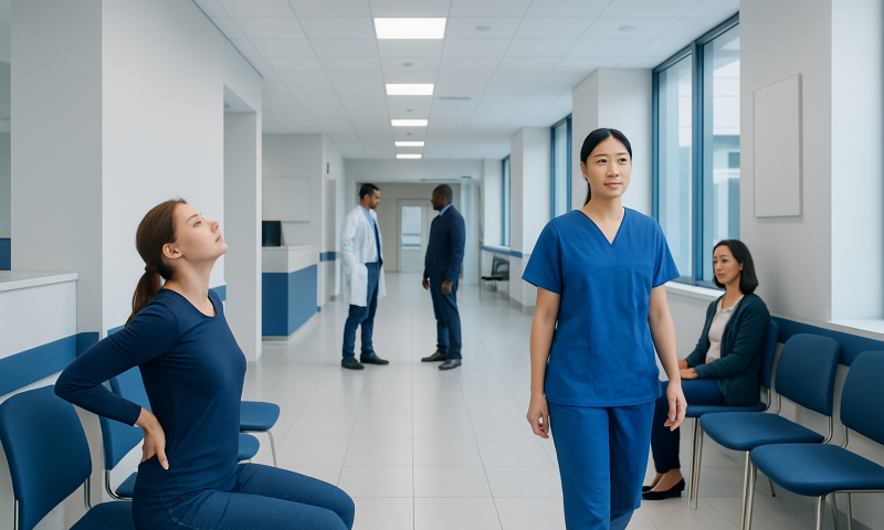 Healthcare professionals and patients in a hospital corridor.