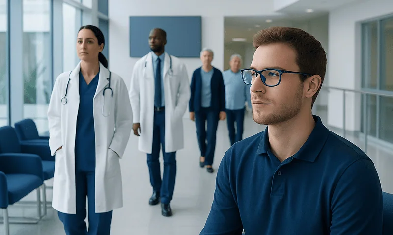 Medical team in hospital corridor with a young man in glasses in foreground.