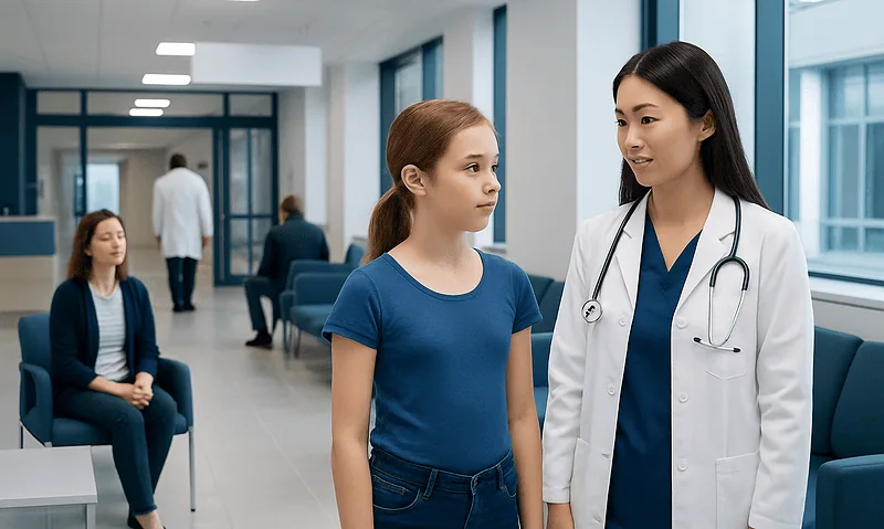 Doctor consulting young girl in hospital corridor for breast health check.
