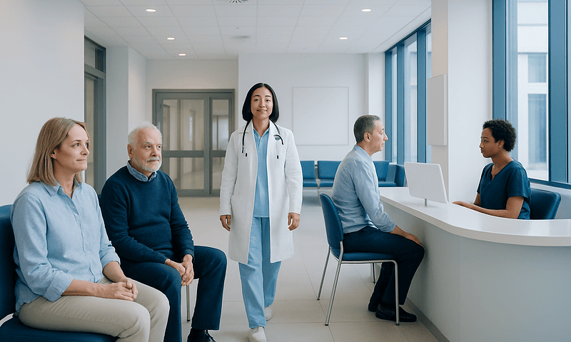 Medical consultation in a modern hospital waiting area with diverse patients and a doctor.