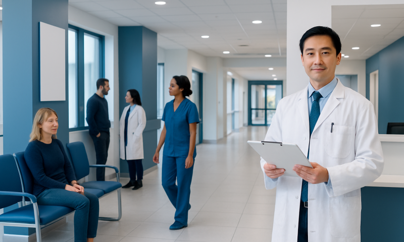 Medical professional in hospital corridor with patients and staff.