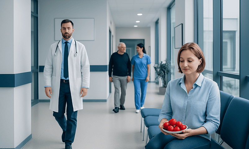 Healthcare professionals and patient in hospital corridor with tomatoes.