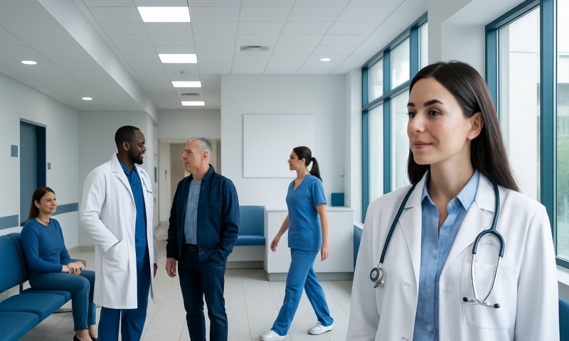 Medical team and patients in a modern hospital corridor.
