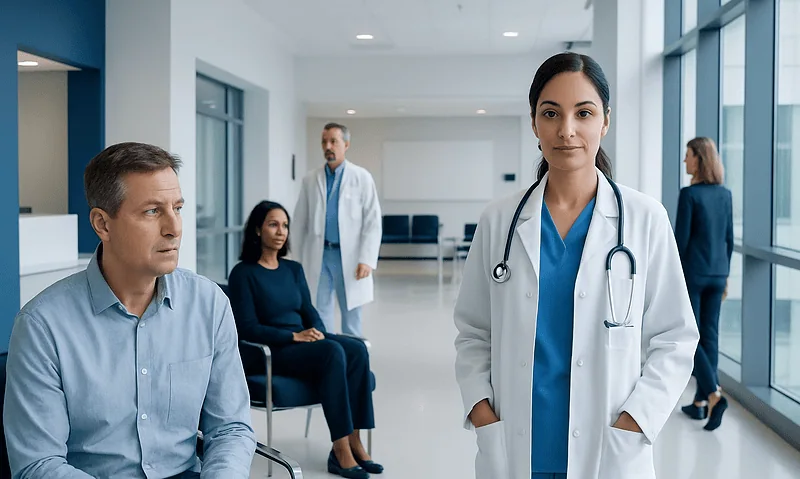 Medical team in hospital corridor with a patient and healthcare professionals.