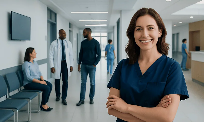 Smiling female healthcare professional in hospital corridor with patients and staff.