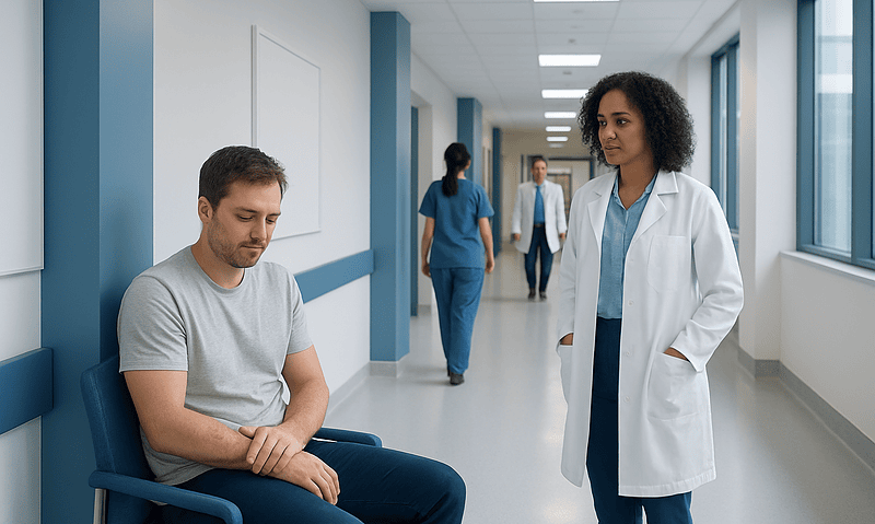 Patient sitting in hospital corridor talking to a doctor.