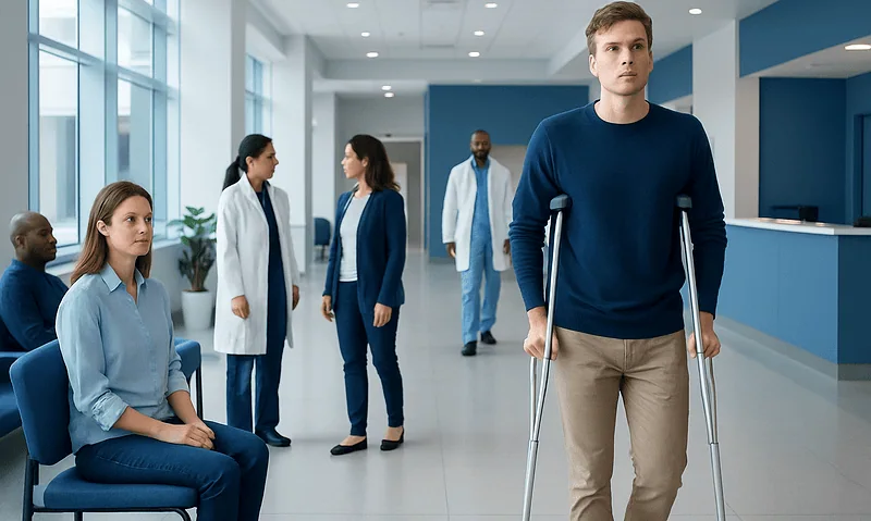 Young man with crutches waiting in hospital lobby with medical staff and patient.