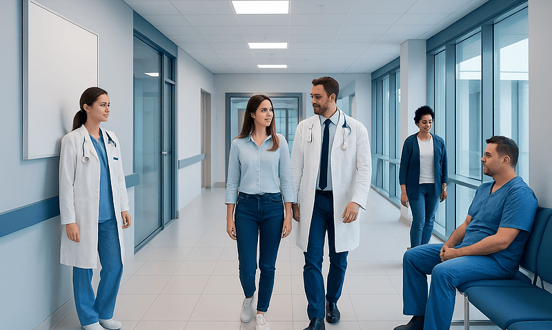 Medical team discussing patient care in hospital corridor.