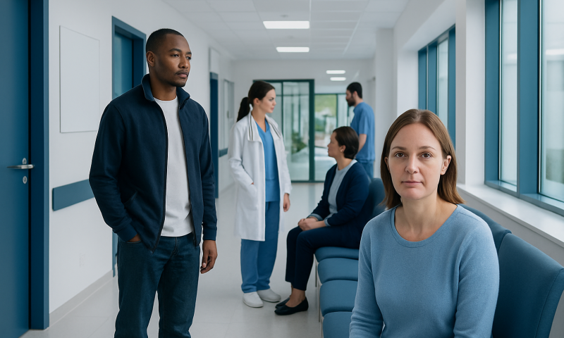 Diverse group of patients and medical staff in hospital corridor.