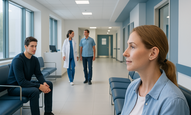 Patient waiting in hospital corridor at Acibadem Hospitals Group.