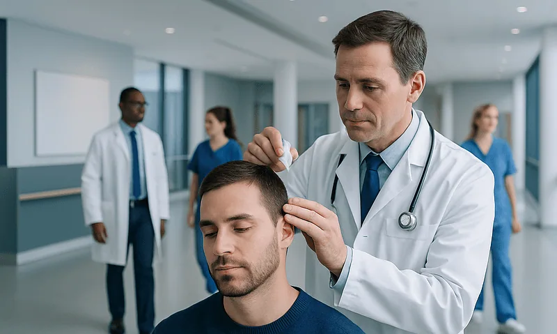 Doctor examining patient's ear in a hospital setting.