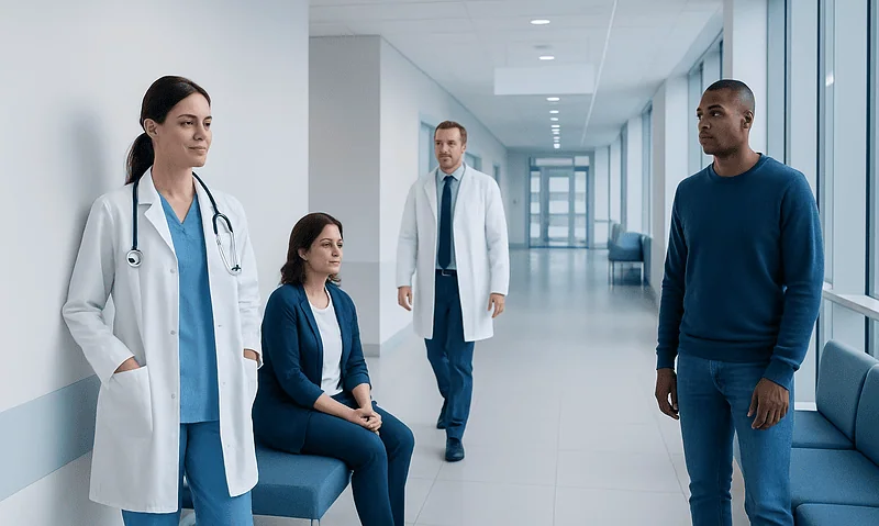 Medical team discussing patient care in hospital corridor.