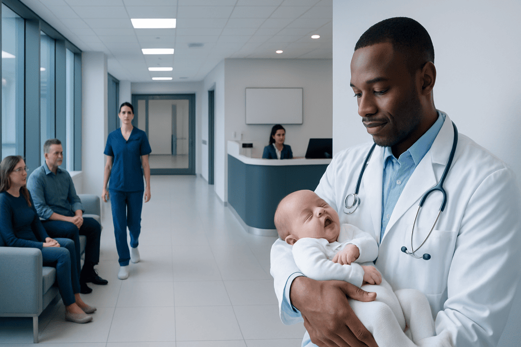 Epstein Pearls: An Evidence-Based Guide for Patients 1 Pediatrician holding a baby in a hospital corridor with waiting patients.