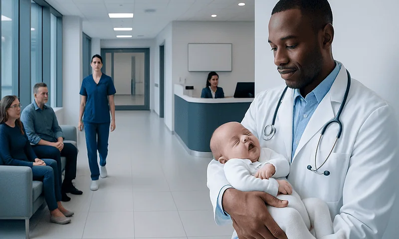 Pediatrician holding a baby in a hospital corridor with waiting patients.