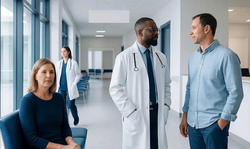 Medical consultation in a hospital corridor with doctor and patient.