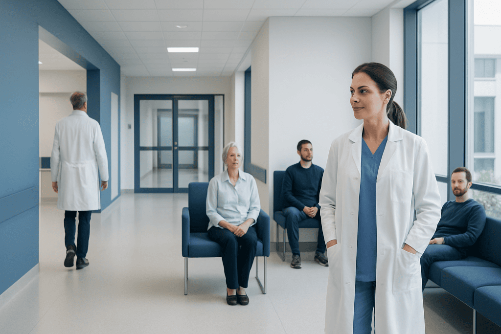 Fructooligosaccharides: An Evidence-Based Guide for Patients 1 Healthcare professionals and patients in a modern hospital corridor.