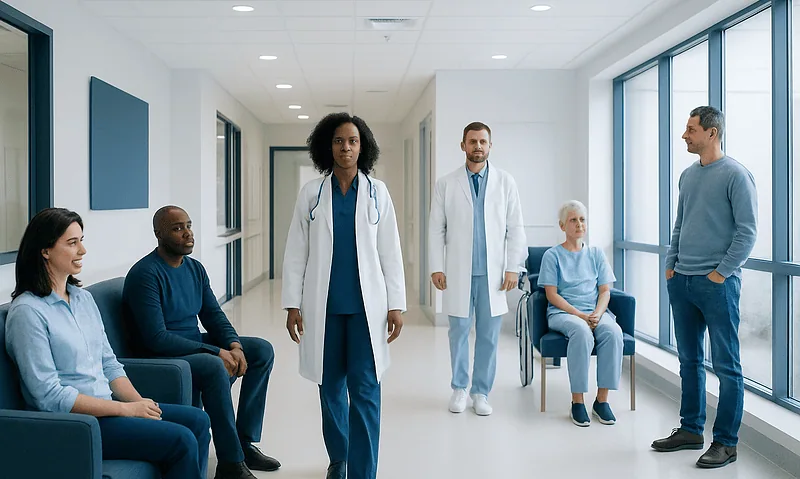 Medical team consulting with patients in a hospital corridor.