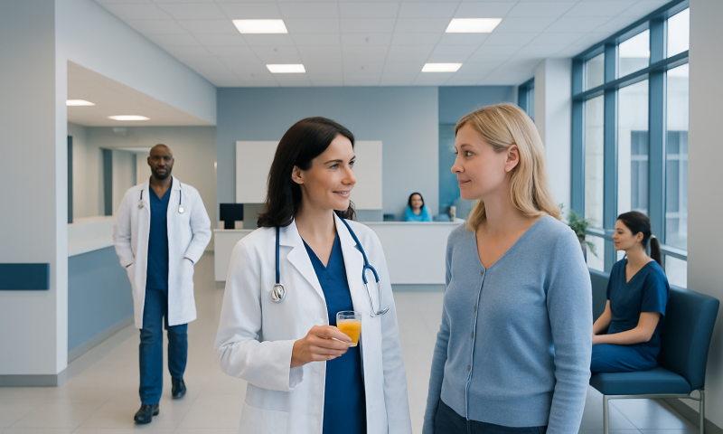 Doctor talking to patient in hospital corridor with medical staff in background.