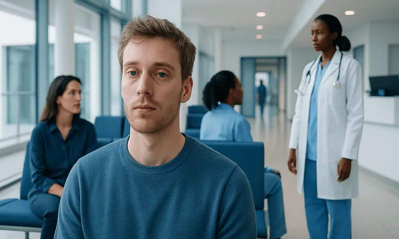 Patient with glassy eyes in a hospital waiting area with medical staff nearby.