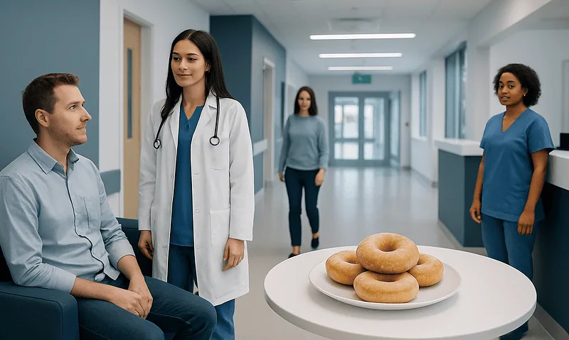 Healthcare professionals and patient in hospital corridor with donuts on table.