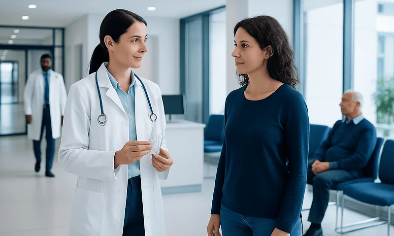 Doctor talking to patient in hospital corridor with other patients in background.