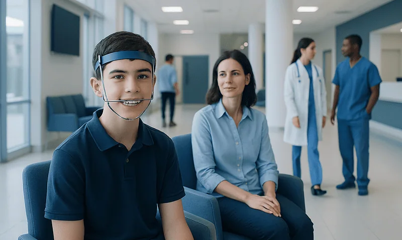 Teen wearing a headgear brace at a hospital waiting area.