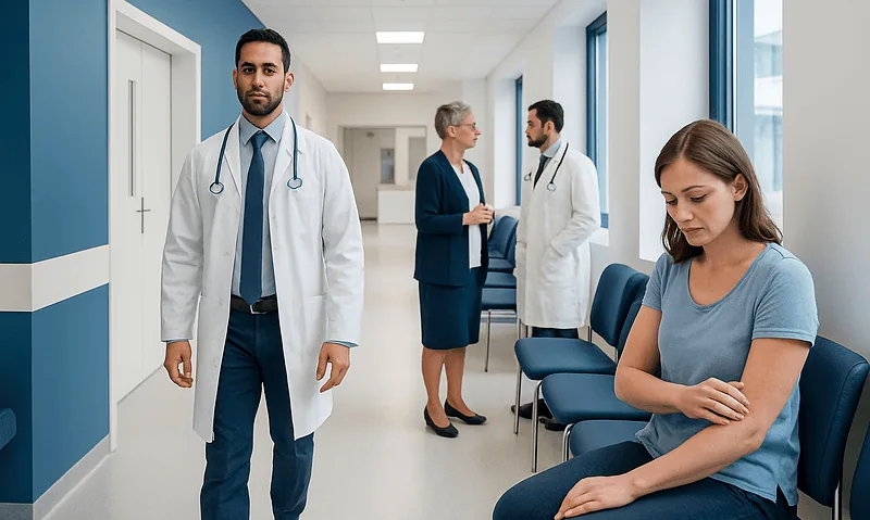 Medical consultation in hospital corridor with doctors and patient.