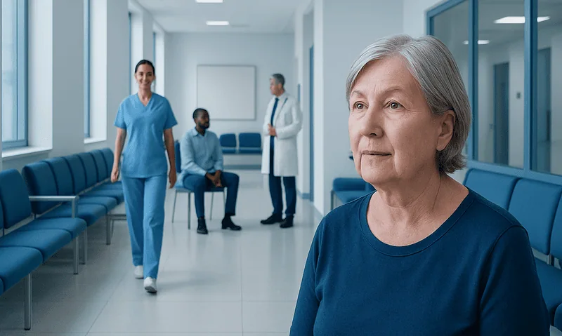 Elderly woman waiting in a hospital corridor with medical staff in the background.