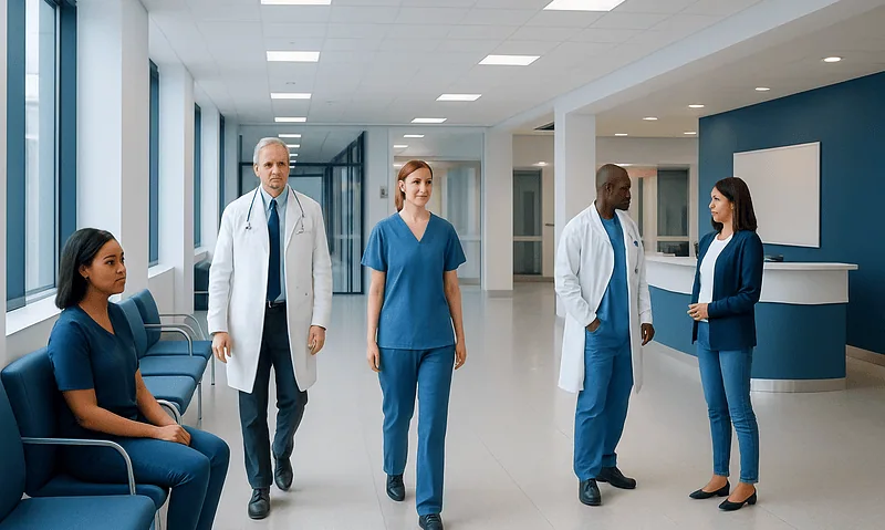 Medical team and patient in hospital corridor at Acibadem Hospitals Group.