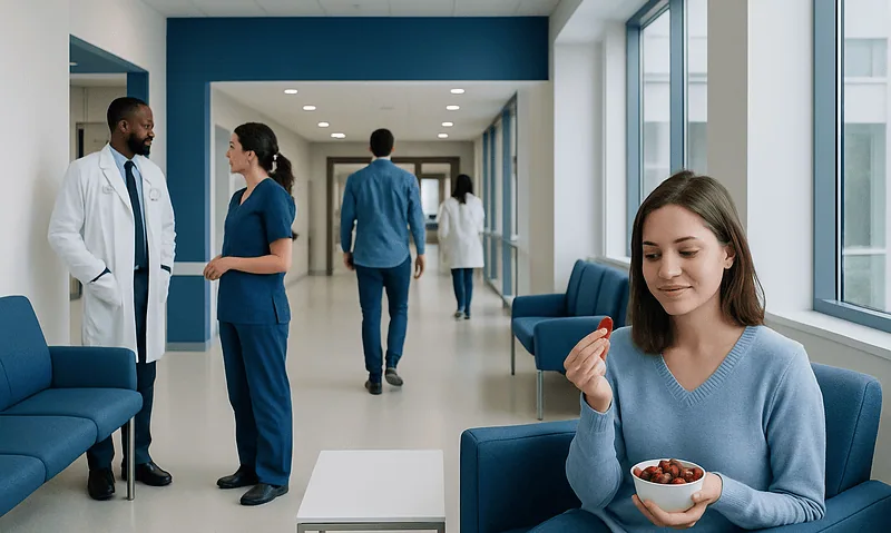 Young woman eating jujubes in a hospital waiting area.