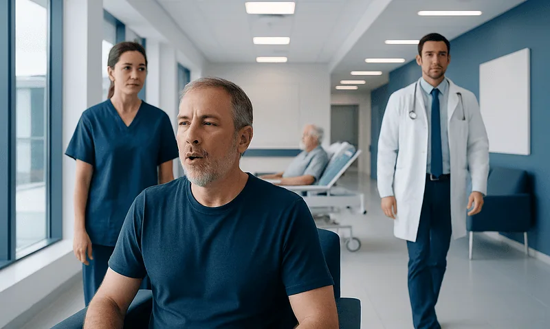 Patient experiencing Kussmaul respirations in hospital setting with medical staff nearby.
