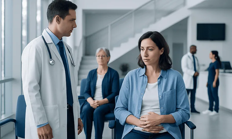 Doctor consulting a patient in a hospital waiting area.