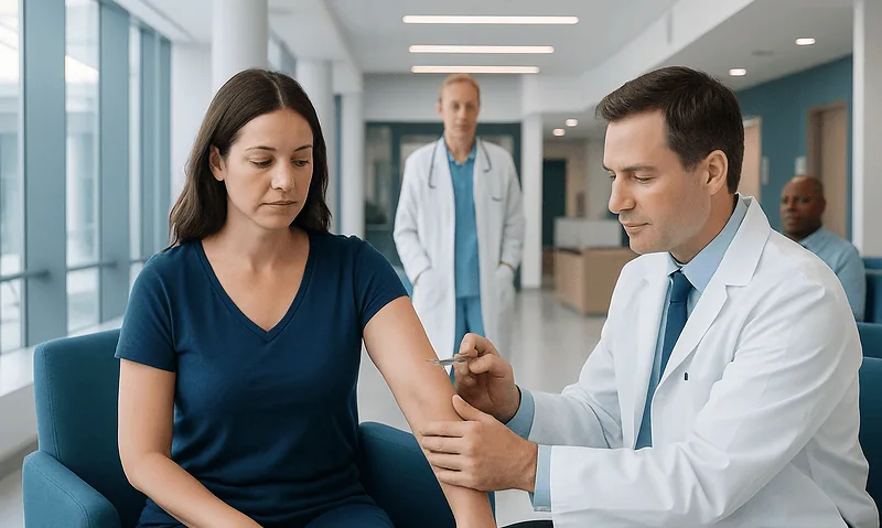 Doctor administering a vaccination to a woman in a hospital setting.