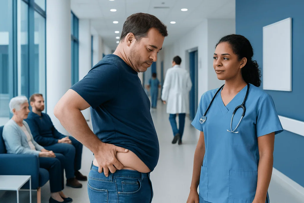 Love Handles — Explained by Medical Evidence, Not Myths 1 Patient consulting with nurse about weight management in hospital corridor.