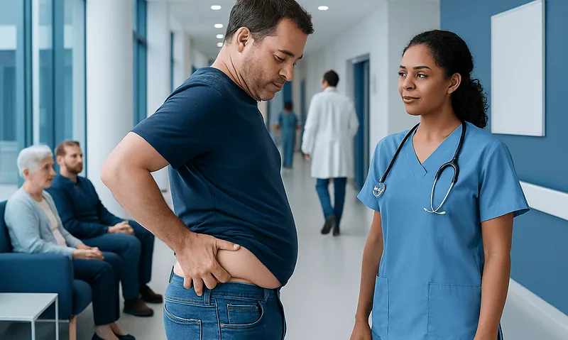 Patient consulting with nurse about weight management in hospital corridor.