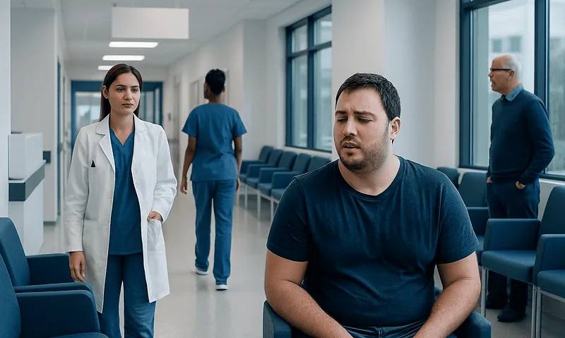 Patient waiting in a hospital corridor with medical staff nearby.