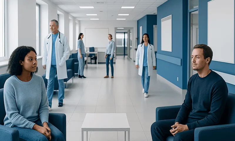 Hospital waiting area with patients and medical staff in a modern facility.